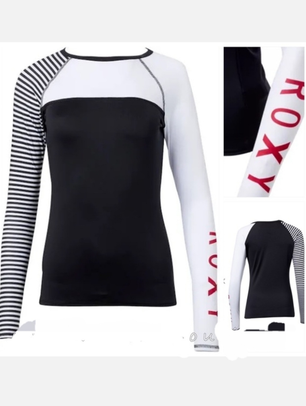 LN Roxy Black, White & Red Long Sleeve Rash Guard Shirt Swim S stretch